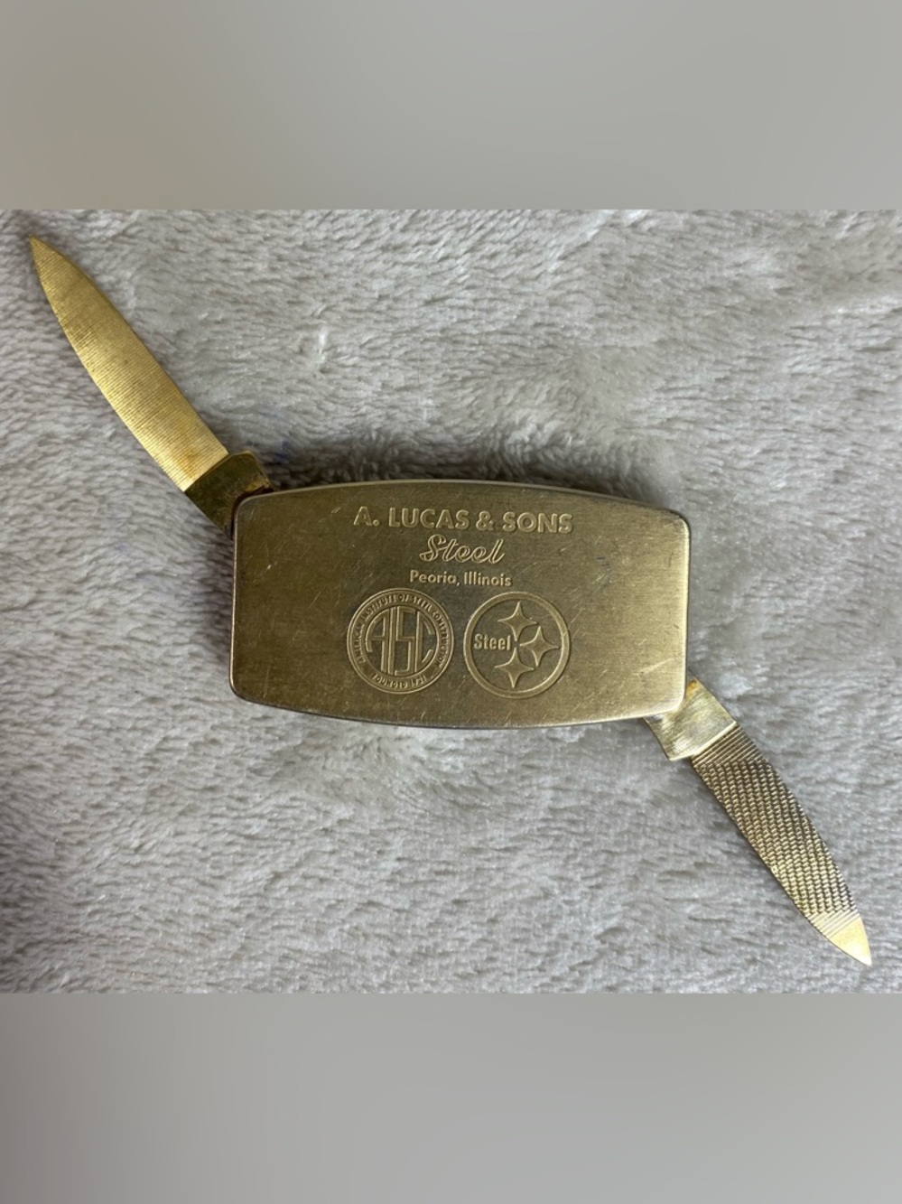 Vtg Zippo Money Clip Pocket Knife Nail File Steel Peoria Illinois Advertising